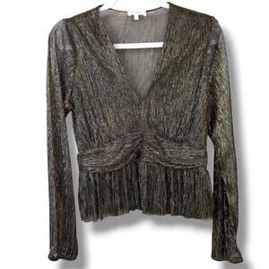 Parker Olivia Black Copper Metallic V-Neck Peplum Lurex Blouson Sleeves Top